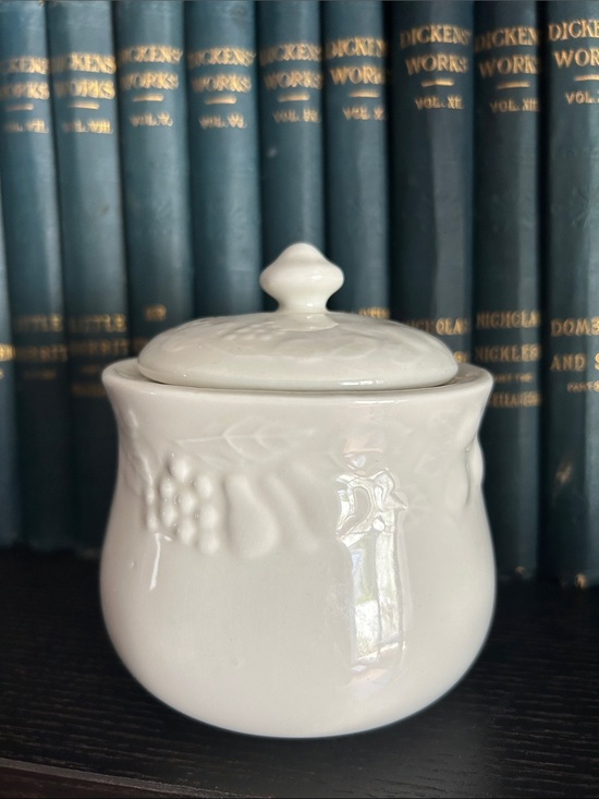 Gibson Other - Gibson White Ceramic Lidded Jar with Subtle Embossed Fruit Detail